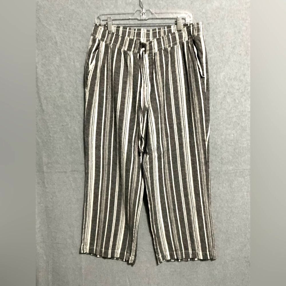 : Briggs New York Linen Blend Striped Wide Leg Pants XL Grey White Coastal